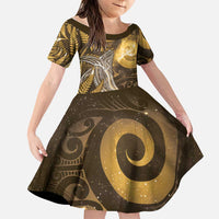 New Zealand Matariki Family Matching Short Sleeve Bodycon Dress and Hawaiian Shirt Maori Koru With Humpback Whale Gold LT05 Daughter's Dress Gold - Polynesian Pride