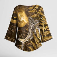 New Zealand Matariki Kimono Sleeve Blouse Maori Koru With Humpback Whale Gold