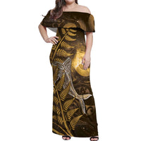 New Zealand Matariki Off Shoulder Maxi Dress Maori Koru With Humpback Whale Gold LT05 Women Gold - Polynesian Pride
