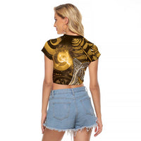 New Zealand Matariki Raglan Cropped T Shirt Maori Koru With Humpback Whale Gold LT05 - Polynesian Pride