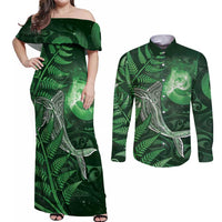 New Zealand Matariki Couples Matching Off Shoulder Maxi Dress and Long Sleeve Button Shirt Maori Koru With Humpback Whale Green LT05 Green - Polynesian Pride