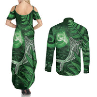 New Zealand Matariki Couples Matching Summer Maxi Dress and Long Sleeve Button Shirt Maori Koru With Humpback Whale Green LT05 - Polynesian Pride