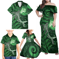 New Zealand Matariki Family Matching Off Shoulder Maxi Dress and Hawaiian Shirt Maori Koru With Humpback Whale Green LT05 - Polynesian Pride