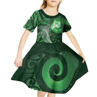 New Zealand Matariki Kid Short Sleeve Dress Maori Koru With Humpback Whale Green LT05 - Polynesian Pride