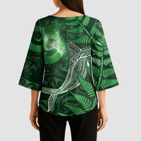New Zealand Matariki Kimono Sleeve Blouse Maori Koru With Humpback Whale Green