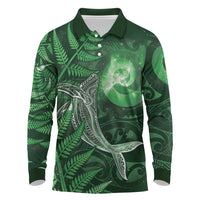 New Zealand Matariki Long Sleeve Polo Shirt Maori Koru With Humpback Whale Green LT05 Green - Polynesian Pride