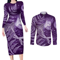 New Zealand Matariki Couples Matching Long Sleeve Bodycon Dress and Long Sleeve Button Shirt Maori Koru With Humpback Whale Purple