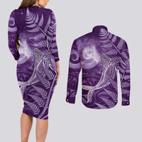 New Zealand Matariki Couples Matching Long Sleeve Bodycon Dress and Long Sleeve Button Shirt Maori Koru With Humpback Whale Purple