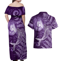 New Zealand Matariki Couples Matching Off Shoulder Maxi Dress and Hawaiian Shirt Maori Koru With Humpback Whale Purple
