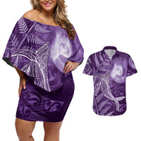 New Zealand Matariki Couples Matching Off Shoulder Short Dress and Hawaiian Shirt Maori Koru With Humpback Whale Purple