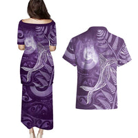 New Zealand Matariki Couples Matching Puletasi and Hawaiian Shirt Maori Koru With Humpback Whale Purple