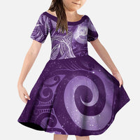 New Zealand Matariki Family Matching Off Shoulder Short Dress and Hawaiian Shirt Maori Koru With Humpback Whale Purple LT05 Daughter's Dress Purple - Polynesian Pride