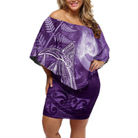 New Zealand Matariki Family Matching Off Shoulder Short Dress and Hawaiian Shirt Maori Koru With Humpback Whale Purple LT05 Mom's Dress Purple - Polynesian Pride