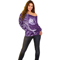 New Zealand Matariki Off Shoulder Sweater Maori Koru With Humpback Whale Purple