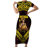 Tonga First King Short Sleeve Bodycon Dress Ahoeitu Know Your Roots LT05 Long Dress Maroon - Polynesian Pride