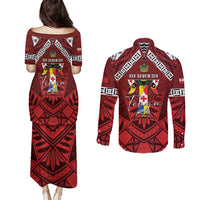 Tonga Emancipation Day Couples Matching Puletasi and Long Sleeve Button Shirt Tongan Kupesi Pattern