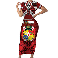 Tonga Emancipation Day Short Sleeve Bodycon Dress Tongan Kupesi Pattern LT05 Long Dress Red - Polynesian Pride