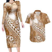 Tonga Kupesi Ngatu Couples Matching Long Sleeve Bodycon Dress and Hawaiian Shirt Vintage Brown Plumeria