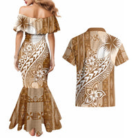 Tonga Kupesi Ngatu Couples Matching Mermaid Dress and Hawaiian Shirt Vintage Brown Plumeria