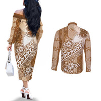 Tonga Kupesi Ngatu Couples Matching Off The Shoulder Long Sleeve Dress and Long Sleeve Button Shirt Vintage Brown Plumeria