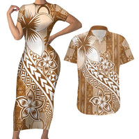 Tonga Kupesi Ngatu Couples Matching Short Sleeve Bodycon Dress and Hawaiian Shirt Vintage Brown Plumeria