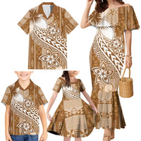 Tonga Kupesi Ngatu Family Matching Mermaid Dress and Hawaiian Shirt Vintage Brown Plumeria