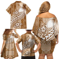 Tonga Kupesi Ngatu Family Matching Off Shoulder Short Dress and Hawaiian Shirt Vintage Brown Plumeria