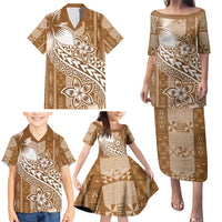 Tonga Kupesi Ngatu Family Matching Puletasi and Hawaiian Shirt Vintage Brown Plumeria