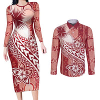 Tonga Kupesi Ngatu Couples Matching Long Sleeve Bodycon Dress and Long Sleeve Button Shirt Vintage Red Plumeria