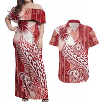Tonga Kupesi Ngatu Couples Matching Off Shoulder Maxi Dress and Hawaiian Shirt Vintage Red Plumeria LT05 Red - Polynesian Pride