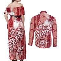 Tonga Kupesi Ngatu Couples Matching Off Shoulder Maxi Dress and Long Sleeve Button Shirt Vintage Red Plumeria