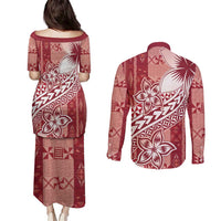 Tonga Kupesi Ngatu Couples Matching Puletasi and Long Sleeve Button Shirt Vintage Red Plumeria