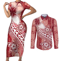 Tonga Kupesi Ngatu Couples Matching Short Sleeve Bodycon Dress and Long Sleeve Button Shirt Vintage Red Plumeria