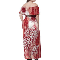 Tonga Kupesi Ngatu Family Matching Off Shoulder Maxi Dress and Hawaiian Shirt Vintage Red Plumeria