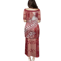 Tonga Kupesi Ngatu Family Matching Puletasi and Hawaiian Shirt Vintage Red Plumeria