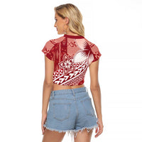 Tonga Kupesi Ngatu Raglan Cropped T Shirt Vintage Red Plumeria