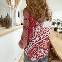 Tonga Kupesi Ngatu Women Casual Shirt Vintage Red Plumeria LT05 - Polynesian Pride