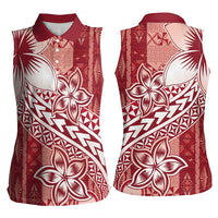 Tonga Kupesi Ngatu Women Sleeveless Polo Shirt Vintage Red Plumeria