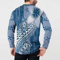 Tonga Kupesi Ngatu Button Sweatshirt Vintage Blue Plumeria