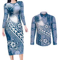 Tonga Kupesi Ngatu Couples Matching Long Sleeve Bodycon Dress and Long Sleeve Button Shirt Vintage Blue Plumeria