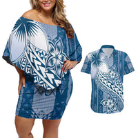 Tonga Kupesi Ngatu Couples Matching Off Shoulder Short Dress and Hawaiian Shirt Vintage Blue Plumeria