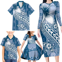 Tonga Kupesi Ngatu Family Matching Long Sleeve Bodycon Dress and Hawaiian Shirt Vintage Blue Plumeria