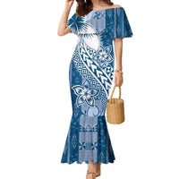 Tonga Kupesi Ngatu Family Matching Mermaid Dress and Hawaiian Shirt Vintage Blue Plumeria