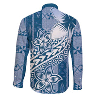 Tonga Kupesi Ngatu Family Matching Off The Shoulder Long Sleeve Dress and Hawaiian Shirt Vintage Blue Plumeria