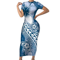 Tonga Kupesi Ngatu Family Matching Short Sleeve Bodycon Dress and Hawaiian Shirt Vintage Blue Plumeria