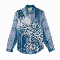 Tonga Kupesi Ngatu Women Casual Shirt Vintage Blue Plumeria LT05 - Polynesian Pride