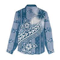 Tonga Kupesi Ngatu Women Casual Shirt Vintage Blue Plumeria LT05 - Polynesian Pride