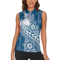 Tonga Kupesi Ngatu Women Sleeveless Polo Shirt Vintage Blue Plumeria