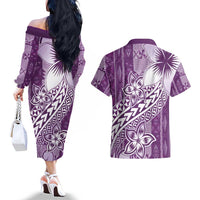 Tonga Kupesi Ngatu Couples Matching Off The Shoulder Long Sleeve Dress and Hawaiian Shirt Vintage Purple Plumeria