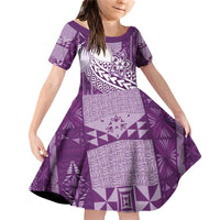 Tonga Kupesi Ngatu Family Matching Off Shoulder Short Dress and Hawaiian Shirt Vintage Purple Plumeria